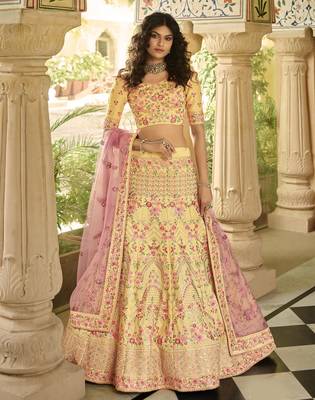 Yellow sequins, zari, swarovski, zarkan, embroidered art Silk Semi Stitched Lehenga 5