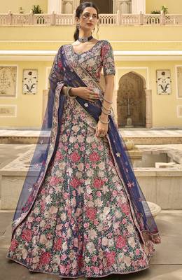 Navy blue sequins, thread, zarkan, embroidered net Semi Stitched Lehenga choli for wedding 1