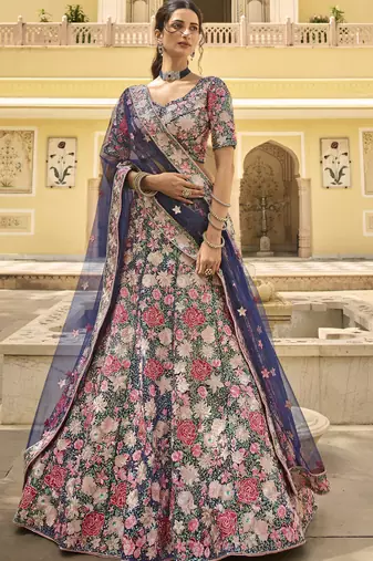 Navy blue thread with Sequins embroidered net semi stitched wedding lehenga