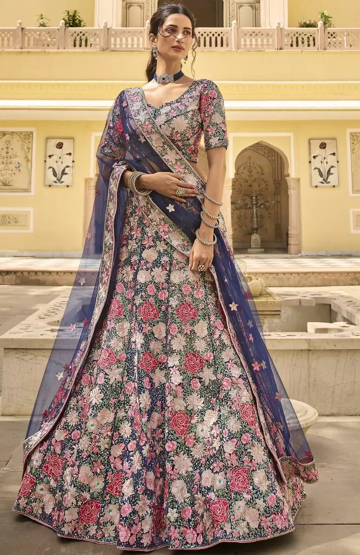 Navy blue thread with Sequins embroidered net semi stitched wedding lehenga