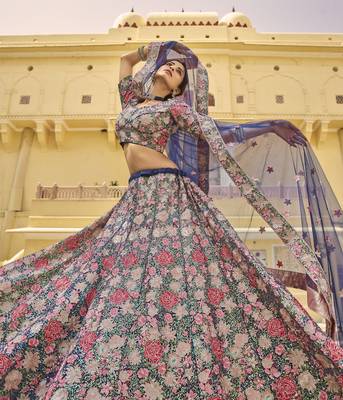 Navy blue sequins, thread, zarkan, embroidered net Semi Stitched Lehenga choli for wedding 2