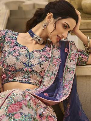 Navy blue sequins, thread, zarkan, embroidered net Semi Stitched Lehenga choli for wedding 3