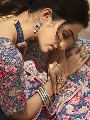 Navy blue sequins, thread, zarkan, embroidered net Semi Stitched Lehenga choli for wedding 4