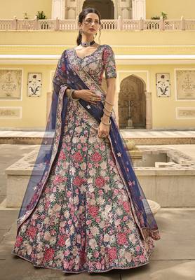 Navy blue sequins, thread, zarkan, embroidered net Semi Stitched Lehenga choli for wedding 5
