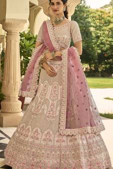 Peach thread embroidered crepe semi stitched lehenga