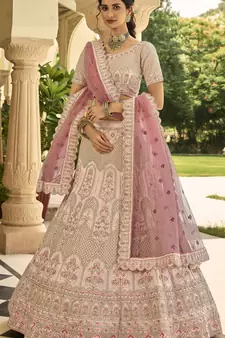 Peach thread embroidered crepe semi stitched lehenga