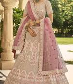 Peach zari, dori, thread, zarkan, sequins, embroidered crepe Semi Stitched Lehenga