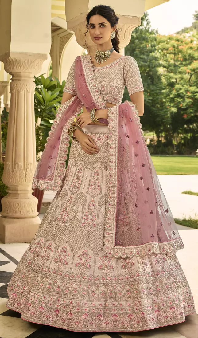 Peach thread embroidered crepe semi stitched lehenga