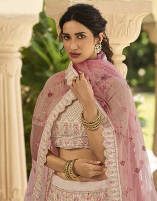 Peach zari, dori, thread, zarkan, sequins, embroidered crepe Semi Stitched Lehenga 2
