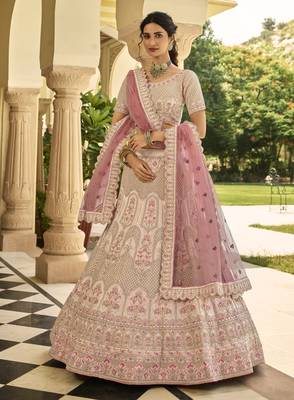 Peach zari, dori, thread, zarkan, sequins, embroidered crepe Semi Stitched Lehenga 3