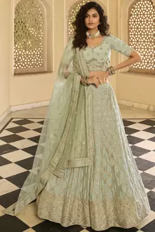 Pista green gota embroidered crepe semi stitched lehenga