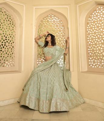 Pista green gota, zarkan, dori, embroidered crepe Semi Stitched Lehenga 2