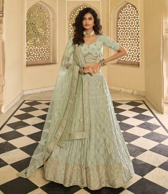 Pista green gota, zarkan, dori, embroidered crepe Semi Stitched Lehenga 4
