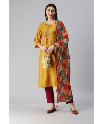 Yellow Hand Embroidered Mirror Work Kurta with Trousers & Bandhani Dupatta 1