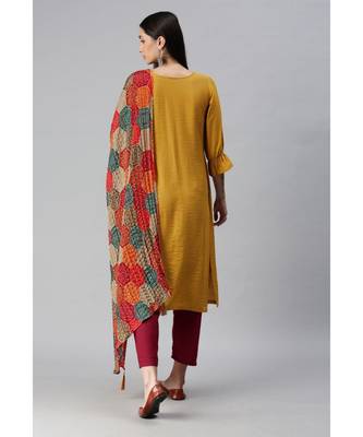 Yellow Hand Embroidered Mirror Work Kurta with Trousers & Bandhani Dupatta 2