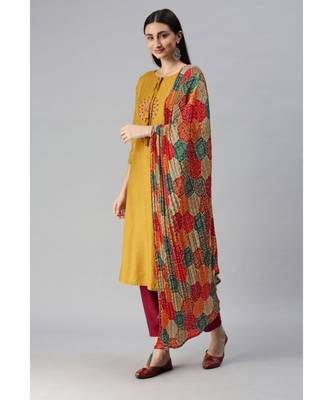 Yellow Hand Embroidered Mirror Work Kurta with Trousers & Bandhani Dupatta 3