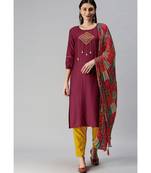 Maroon Hand Embroidered Mirror Work Kurta with Trousers & Bandhani Dupatta