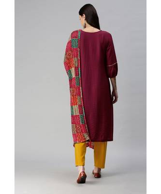 Maroon Hand Embroidered Mirror Work Kurta with Trousers & Bandhani Dupatta 2