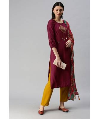Maroon Hand Embroidered Mirror Work Kurta with Trousers & Bandhani Dupatta 3