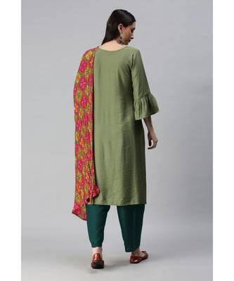 Green Hand Embroidered Mirror Work Kurta with Trousers & Bandhani Dupatta 2