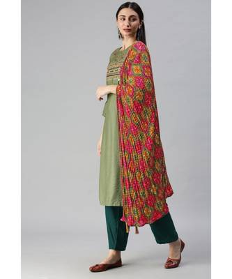 Green Hand Embroidered Mirror Work Kurta with Trousers & Bandhani Dupatta 3