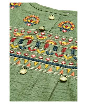 Green Hand Embroidered Mirror Work Kurta with Trousers & Bandhani Dupatta 5