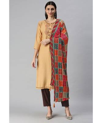Beige Hand Embroidered Mirror Work Kurta with Trousers & Bandhani Dupatta 1