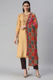 Beige Hand Embroidered Mirror Work Kurta with Trousers & Bandhani Dupatta