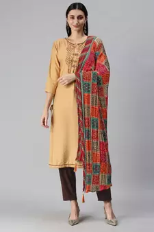 Beige Hand Embroidered Mirror Work Kurta with Trousers & Bandhani Dupatta
