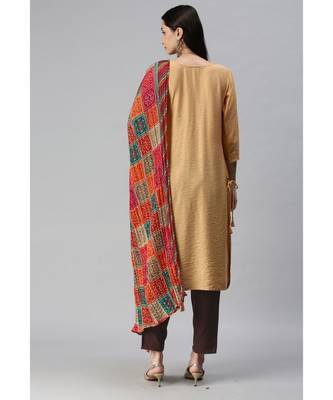 Beige Hand Embroidered Mirror Work Kurta with Trousers & Bandhani Dupatta 2