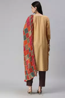 Beige Hand Embroidered Mirror Work Kurta with Trousers & Bandhani Dupatta