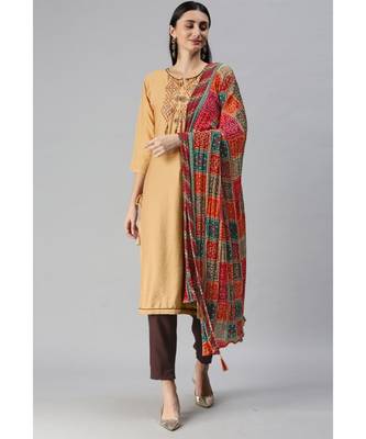 Beige Hand Embroidered Mirror Work Kurta with Trousers & Bandhani Dupatta 3