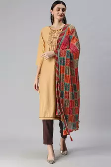 Beige Hand Embroidered Mirror Work Kurta with Trousers & Bandhani Dupatta