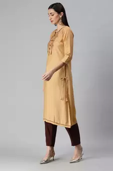 Beige Hand Embroidered Mirror Work Kurta with Trousers & Bandhani Dupatta