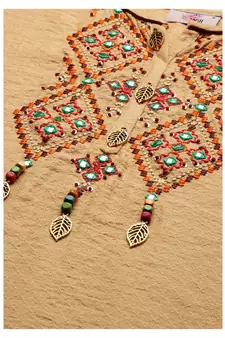 Beige Hand Embroidered Mirror Work Kurta with Trousers & Bandhani Dupatta