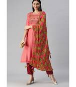 Peach-Coloured Hand Embroidered Kurta with Trousers & Bandhani Dupatta