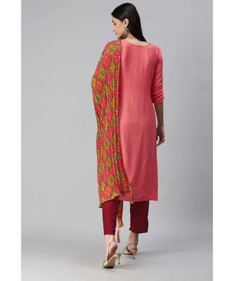 Peach-Coloured Hand Embroidered Kurta with Trousers & Bandhani Dupatta 2