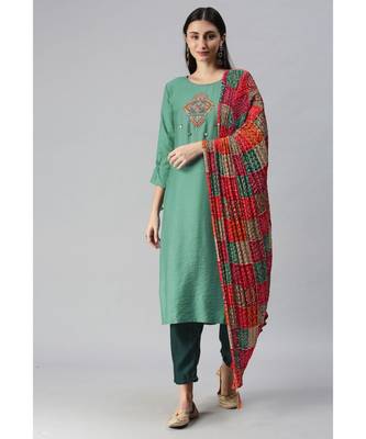 Sea Green Hand Embroidered Kurta with Trousers & Bandhani Dupatta 1