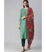 Sea Green Hand Embroidered Kurta with Trousers & Bandhani Dupatta