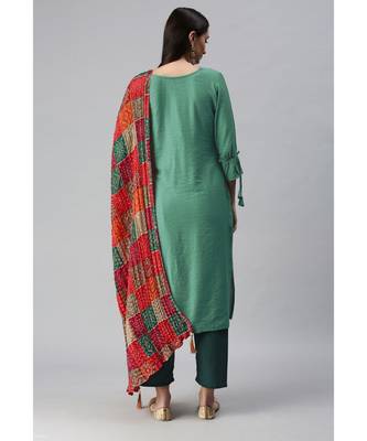 Sea Green Hand Embroidered Kurta with Trousers & Bandhani Dupatta 2