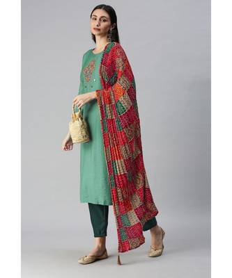 Sea Green Hand Embroidered Kurta with Trousers & Bandhani Dupatta 3