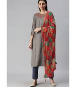 Grey Hand Embroidered Mirror Work Kurta with Trousers & Bandhani Dupatta