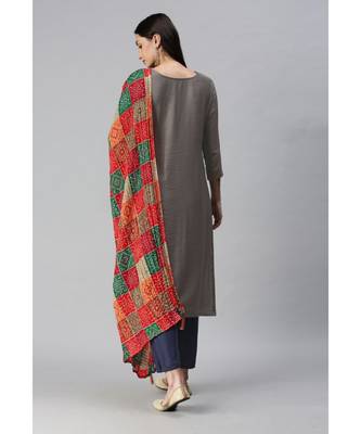 Grey Hand Embroidered Mirror Work Kurta with Trousers & Bandhani Dupatta 2