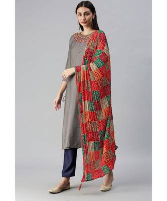 Grey Hand Embroidered Mirror Work Kurta with Trousers & Bandhani Dupatta 3