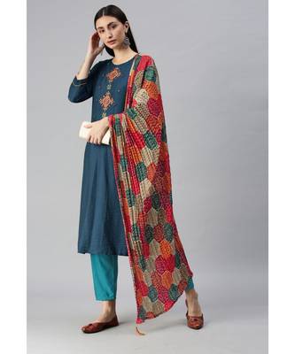 Navy Blue Hand Embroidered Kurta with Trousers & Bandhani Dupatta 1