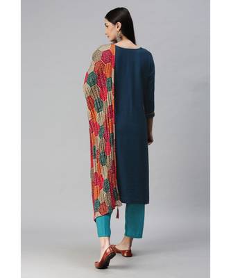 Navy Blue Hand Embroidered Kurta with Trousers & Bandhani Dupatta 2