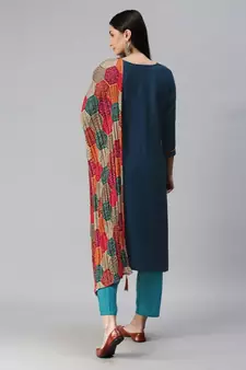 Navy Blue Hand Embroidered Kurta with Trousers & Bandhani Dupatta