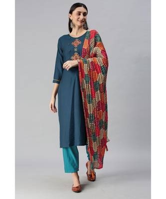 Navy Blue Hand Embroidered Kurta with Trousers & Bandhani Dupatta 3