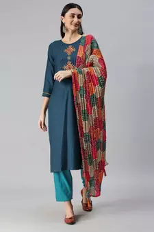 Navy Blue Hand Embroidered Kurta with Trousers & Bandhani Dupatta