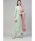 Women Green Ethnic Motifs Pure Silk Crochet Work Kurta with Trousers & Dupatta